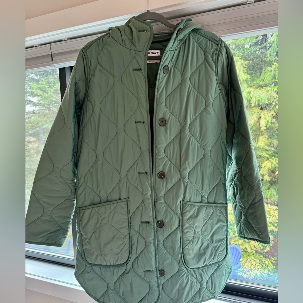 Old Navy Hooded Quilted Utility Puff Coat, Green, Size Small Tall